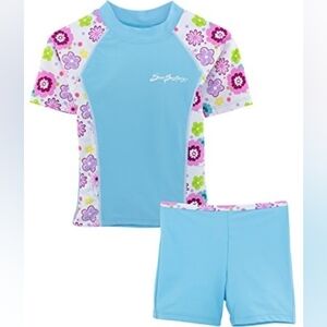 SunBusters Girls UV UPF50+ 2-Piece Fitted Rash Swim Set Blue Floral NWT
